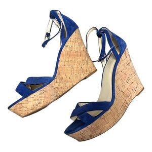 Nine West Joker Cork heel open toe wedge sandals blue suede size 9.5
